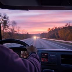 tractor trailer driver driving truck on road