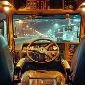 Illustration of the cab of a semi truck on the road
