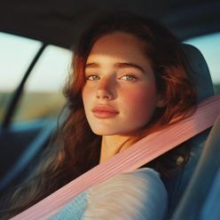 Woman in car wearing seat belt