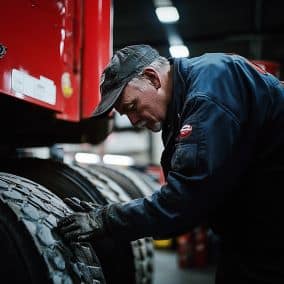 man on light duty inspecting a tire