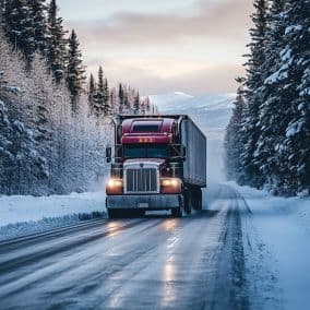 tractor trailer on snowy road